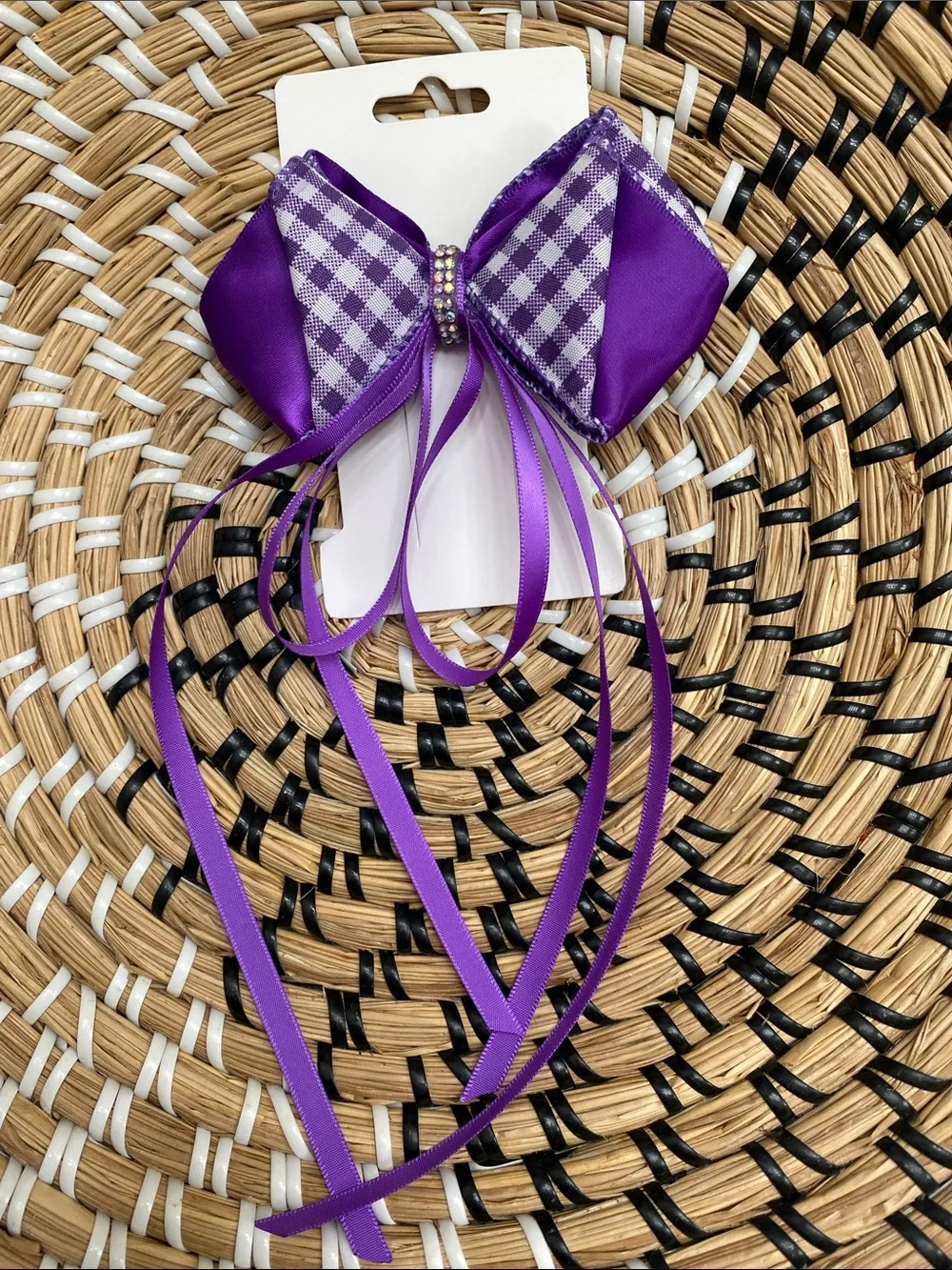 Purple Gingham Ribbon Bow Hair Clip with Long Tails